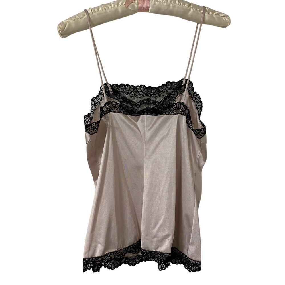 Vintage Camisole Top Women's Size 34 Beige Black Lace Trim Made in USA - Picture 4 of 6